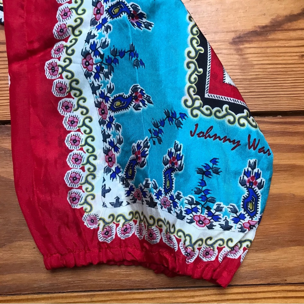 Johnny Was Sundance Red Blue Beige Silk 3/4 Peasant Top, EUC, S - Picture 7 of 12